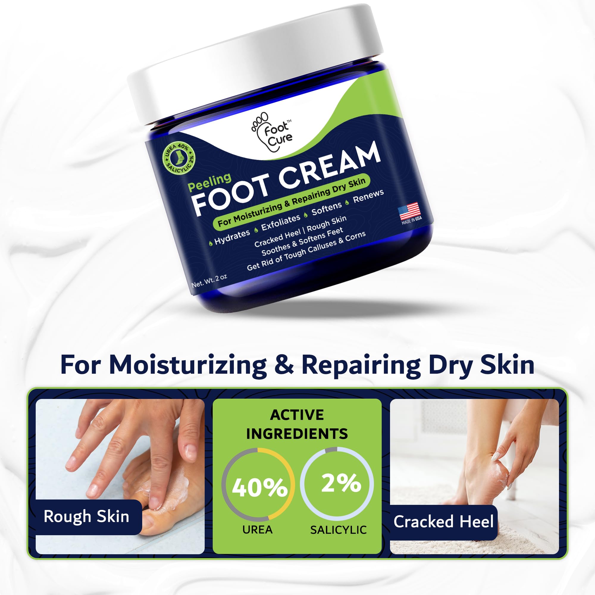 FOOT CURE Tea Tree Oil Foot Cream application showing quick hydration