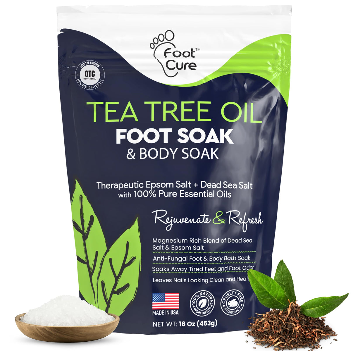 FOOT CURE Tea Tree Oil Foot Soak bottle closeup shows spa-grade hydration.