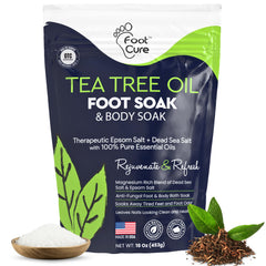 FOOT CURE Tea Tree Oil Foot Soak bottle closeup shows spa-grade hydration.