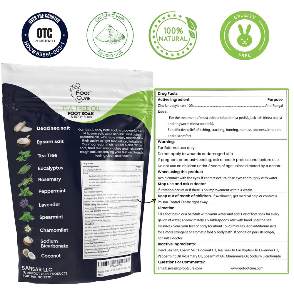 FOOT CURE tea tree oil foot soak close-up emphasizes clean, refreshed feet after soak.