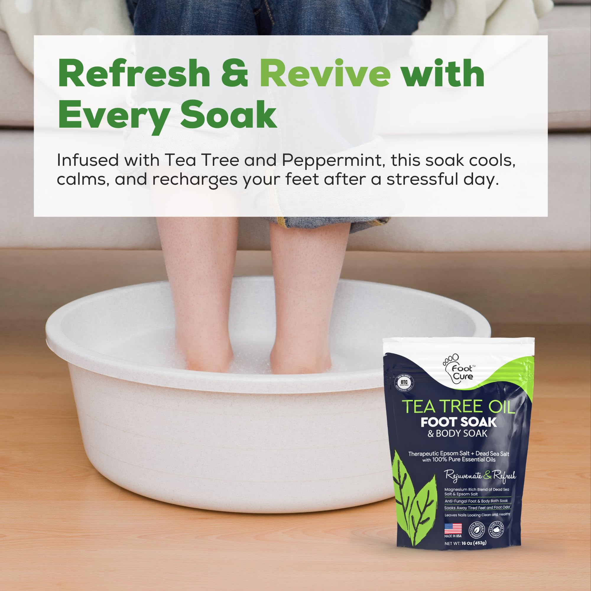 FOOT CURE Tea Tree Oil Foot Soak foot-soak closeup shows softened skin potential.