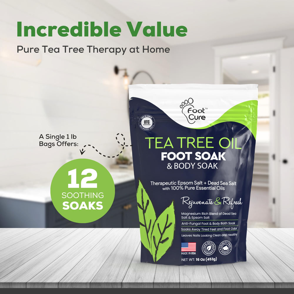 FOOT CURE Tea Tree Oil Foot Soak ingredients closeup highlights mineral blend.