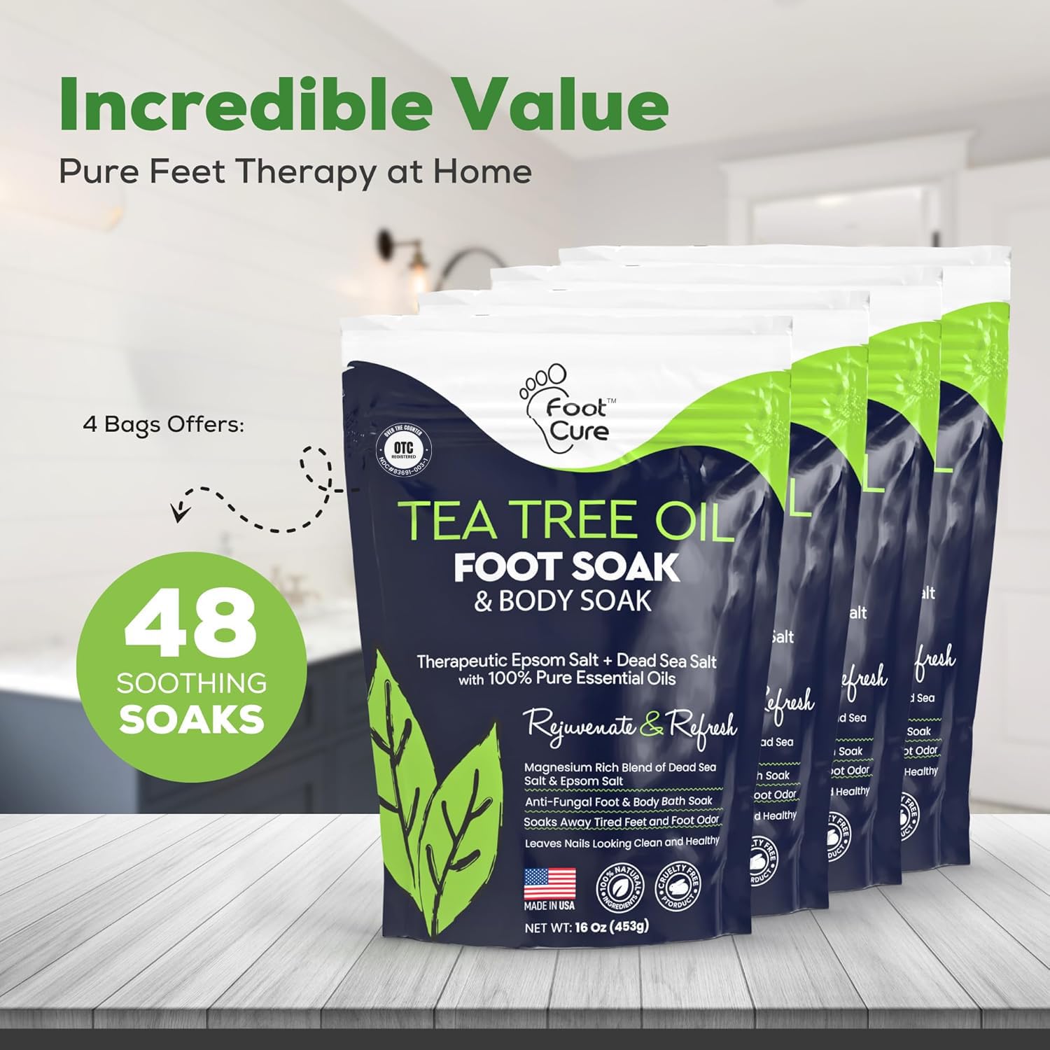 FOOT CURE foot soak being poured into bath for calming foot care
