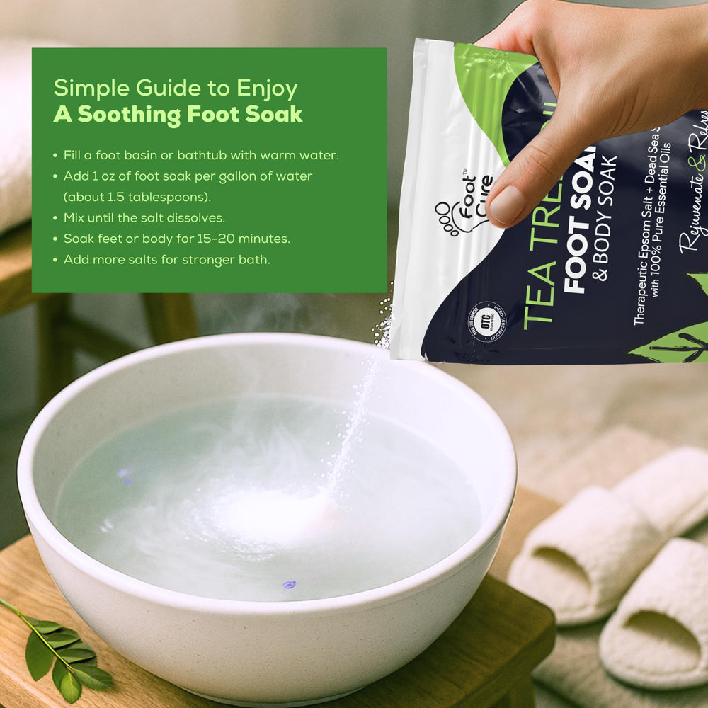 FOOT CURE foot soak relaxing bath scene suggesting spa-like foot care