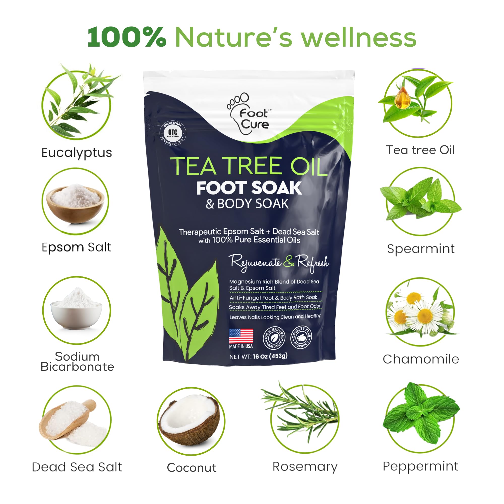 FOOT CURE Tea Tree Oil Foot Soak spa-pedicure scene implying premium home care.