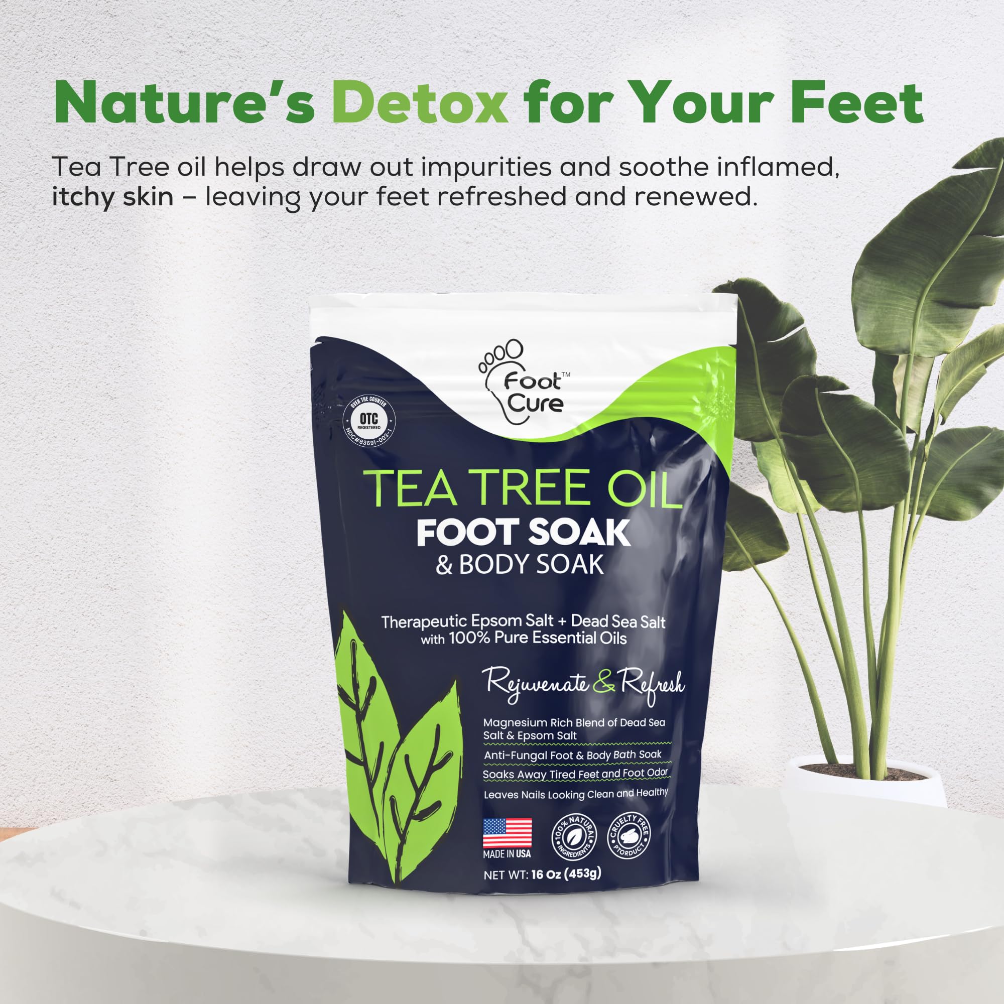 FOOT CURE Tea Tree Oil Foot Soak USA-made badge signals domestic quality.