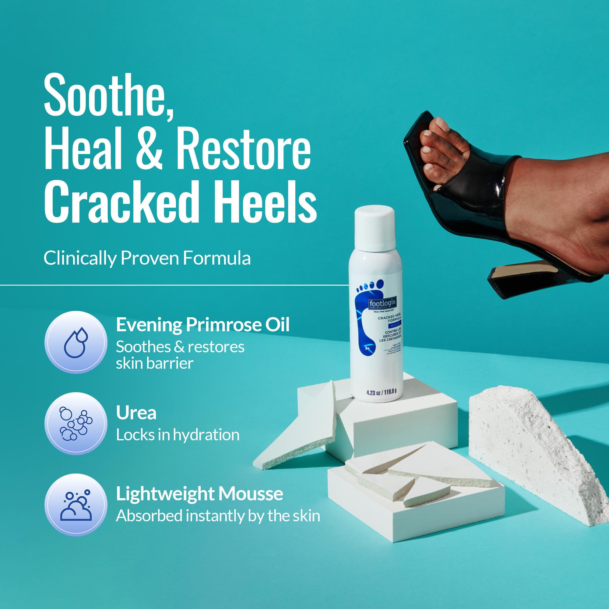 Footlogix Cracked Heel Formula packaging on display suggests professional-grade care