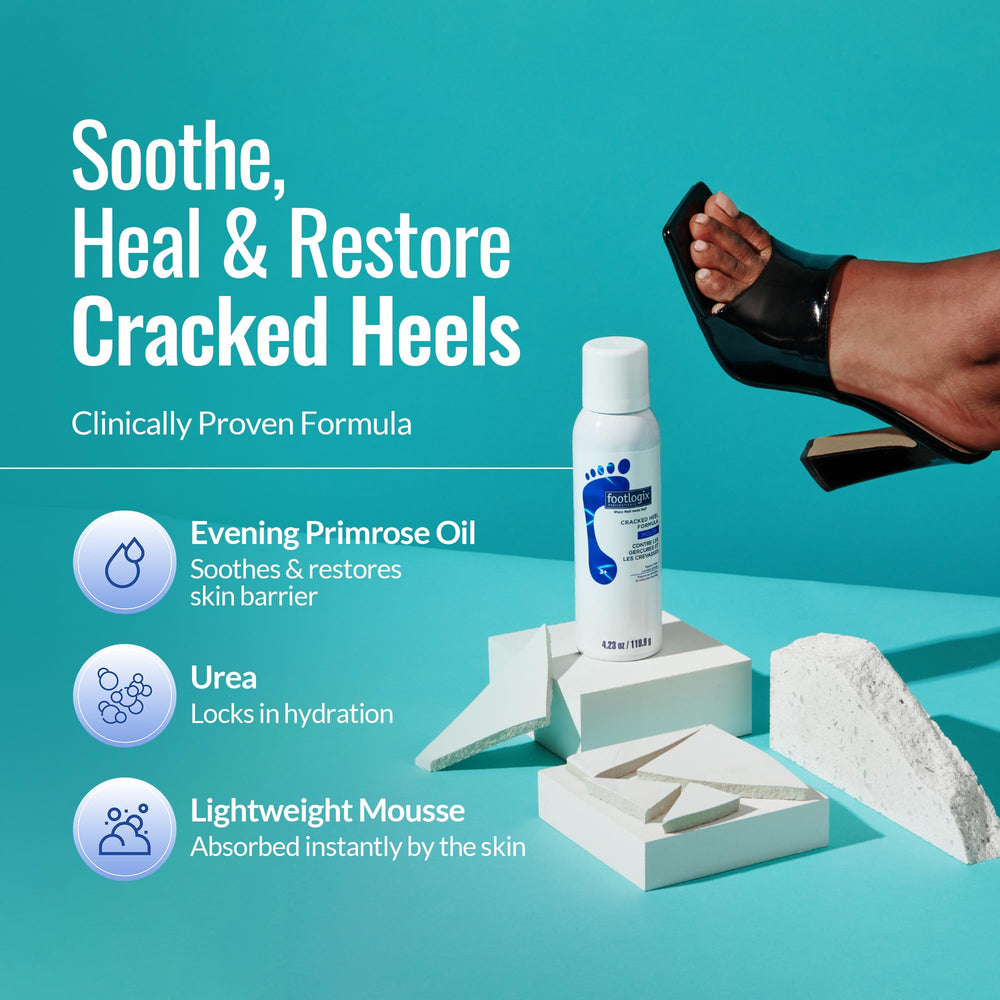 Footlogix Cracked Heel Formula packaging on display suggests professional-grade care