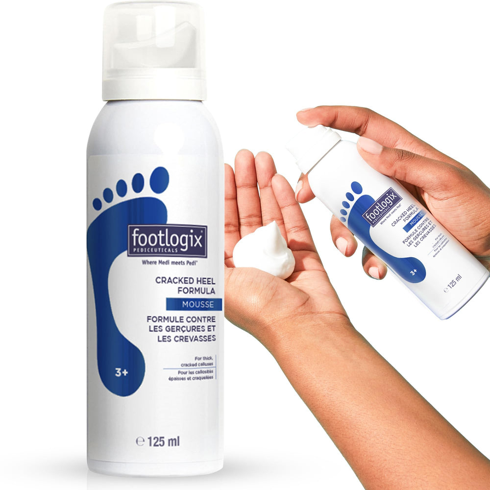 Footlogix Cracked Heel Formula white bottle pour supports fast hydration for dry heels