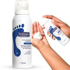 Footlogix Cracked Heel Formula white bottle pour supports fast hydration for dry heels