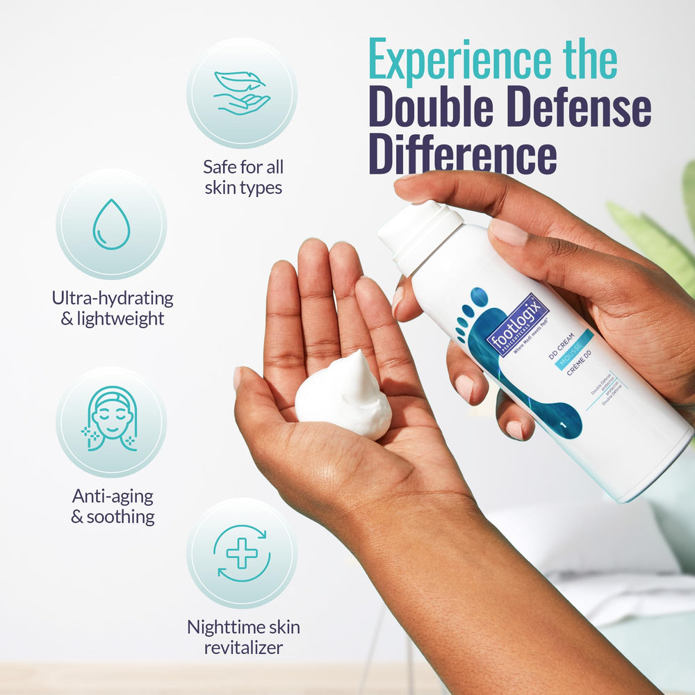Pump application of Footlogix DD Cream Mousse for evening foot care routine.