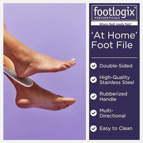 Footlogix foot file close-up showing rubberized handle for grip and control