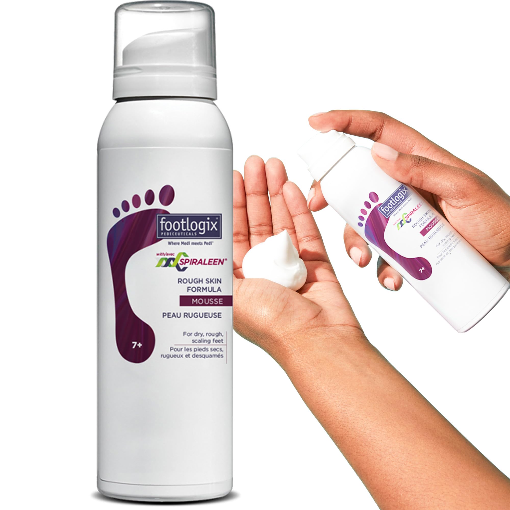 Footlogix Rough Skin Formula bottle highlighting Spiraleen for deeper hydration