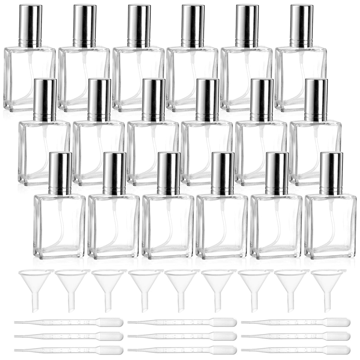 Foraineam 18-pack clear glass spray bottles for travel-friendly fragrance storage.