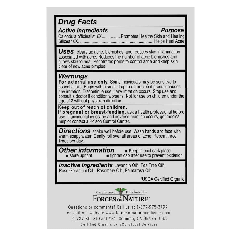 Forces of Nature acne-rollerball closeup highlights clear, lightweight topical formula.