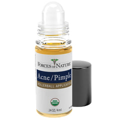 Forces of Nature acne-rollerball face application demonstrates precise, fast-acting treatment on skin.