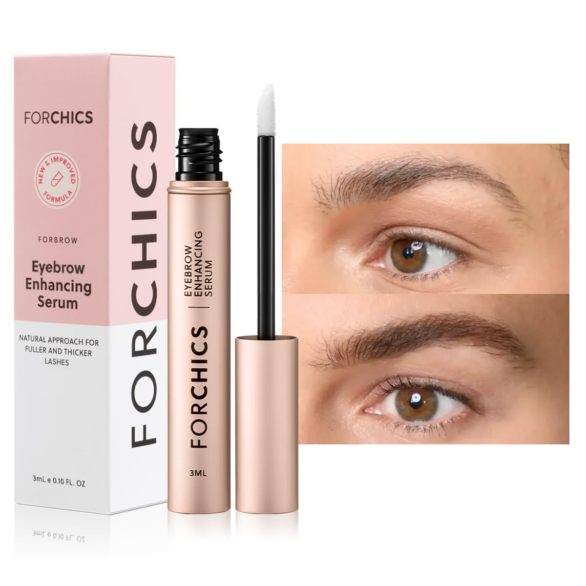 Forchics Eyebrow Growth Serum bottle shows peptide formula for fuller brows