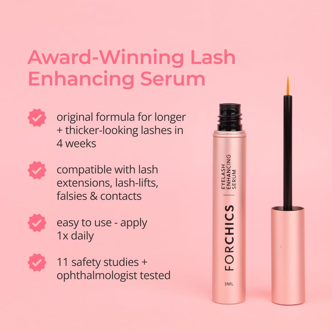 ForChics eyelash growth serum before-after layout suggests progressive lash fullness.