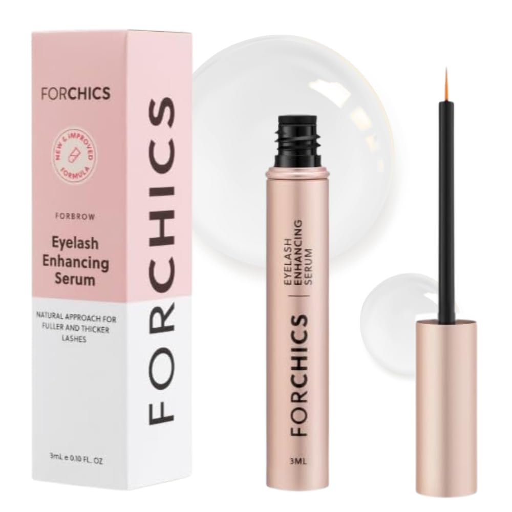 ForChics eyelash growth serum bottle close-up, premium packaging for nightly routines.