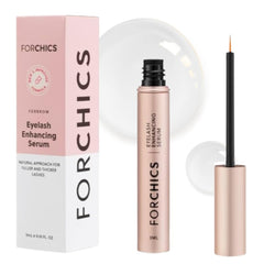 ForChics eyelash growth serum bottle close-up, premium packaging for nightly routines.