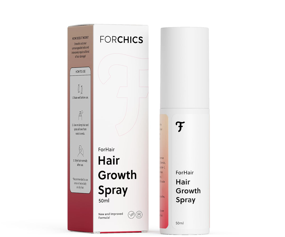 ForChics Hair Growth Serum bottle-front highlights a lightweight, non-greasy formula for daily use