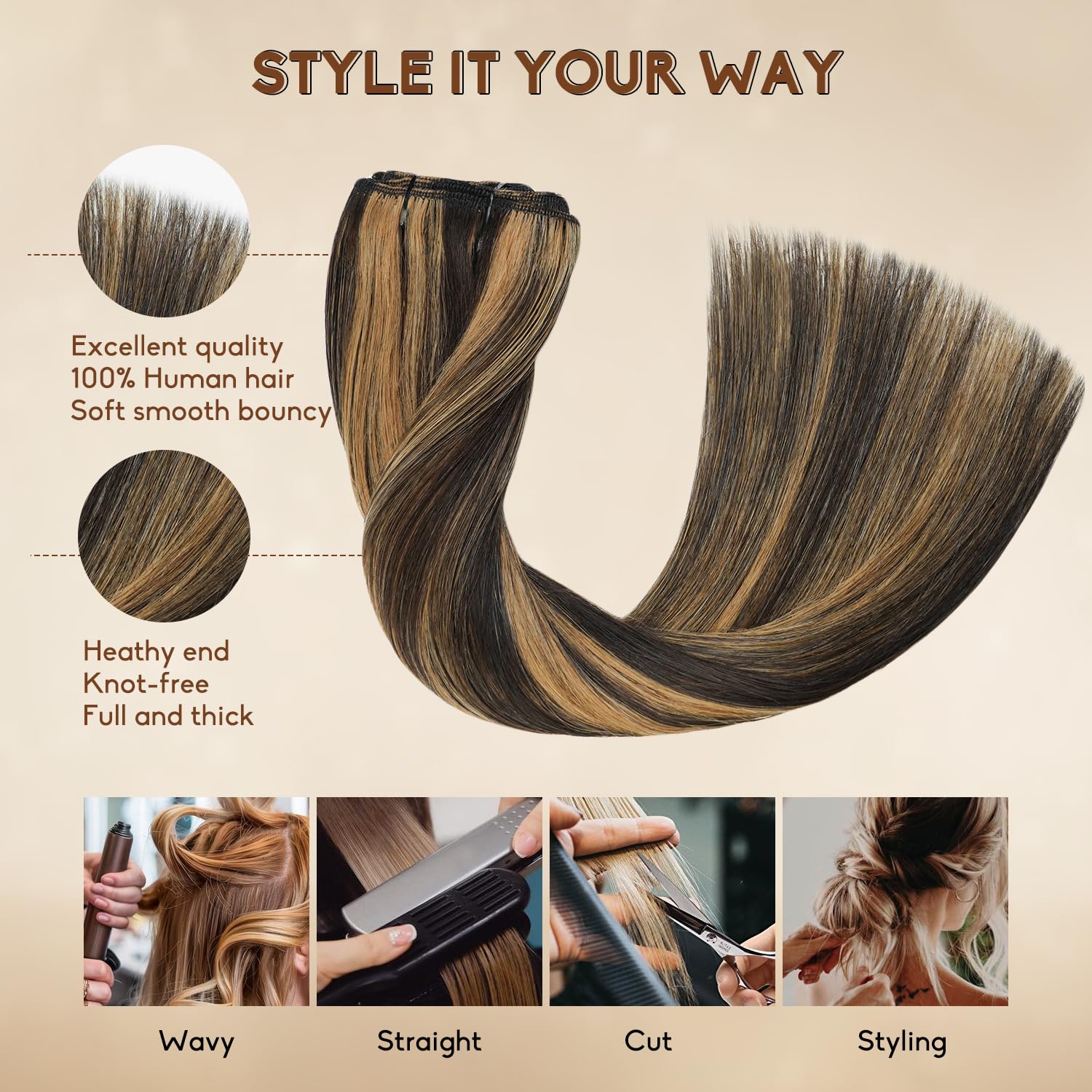 Forede chestnut brown highlight clip-ins offer color dimension for daily or special occasions.