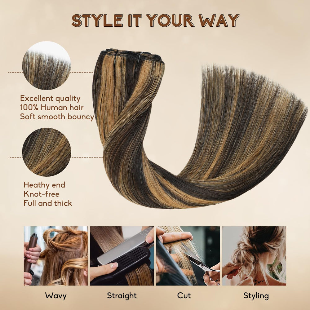 Forede chestnut brown highlight clip-ins offer color dimension for daily or special occasions.