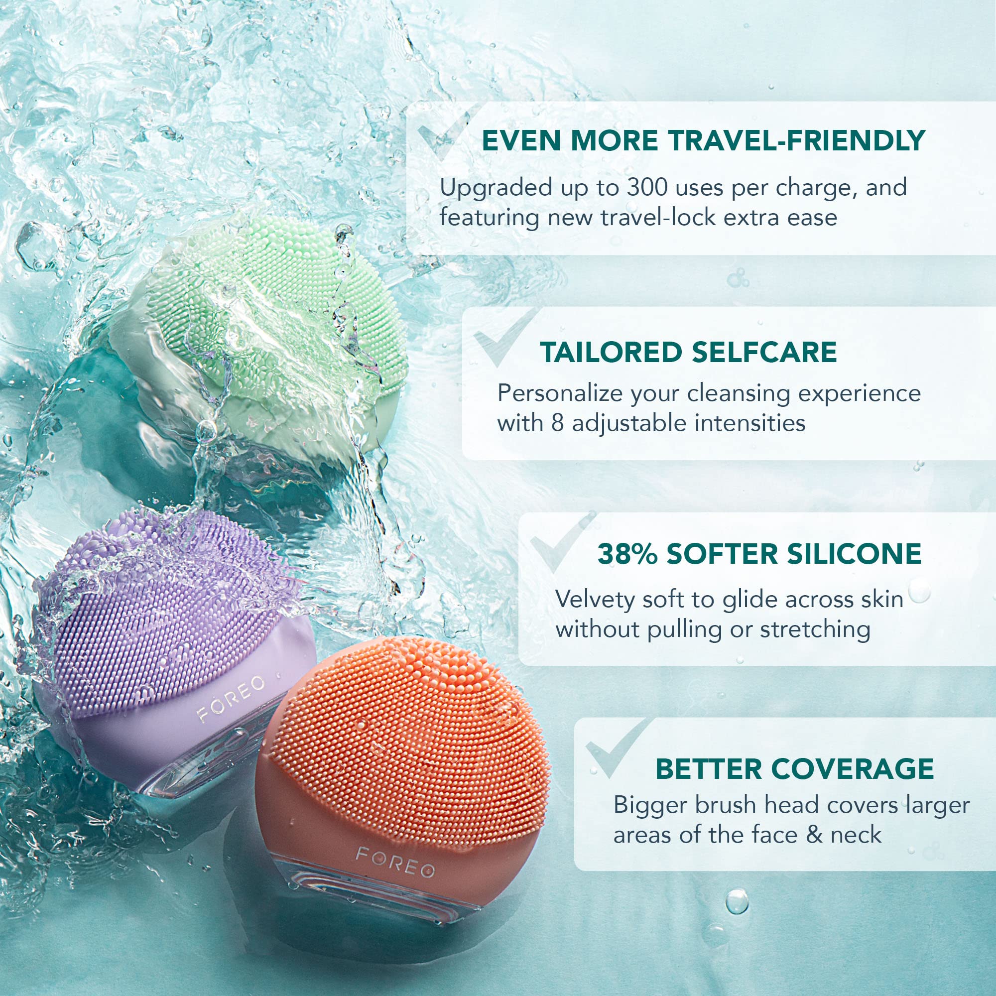 FOREO LUNA 4 go t-sonic pulsations illustrate customizable cleansing and massage.