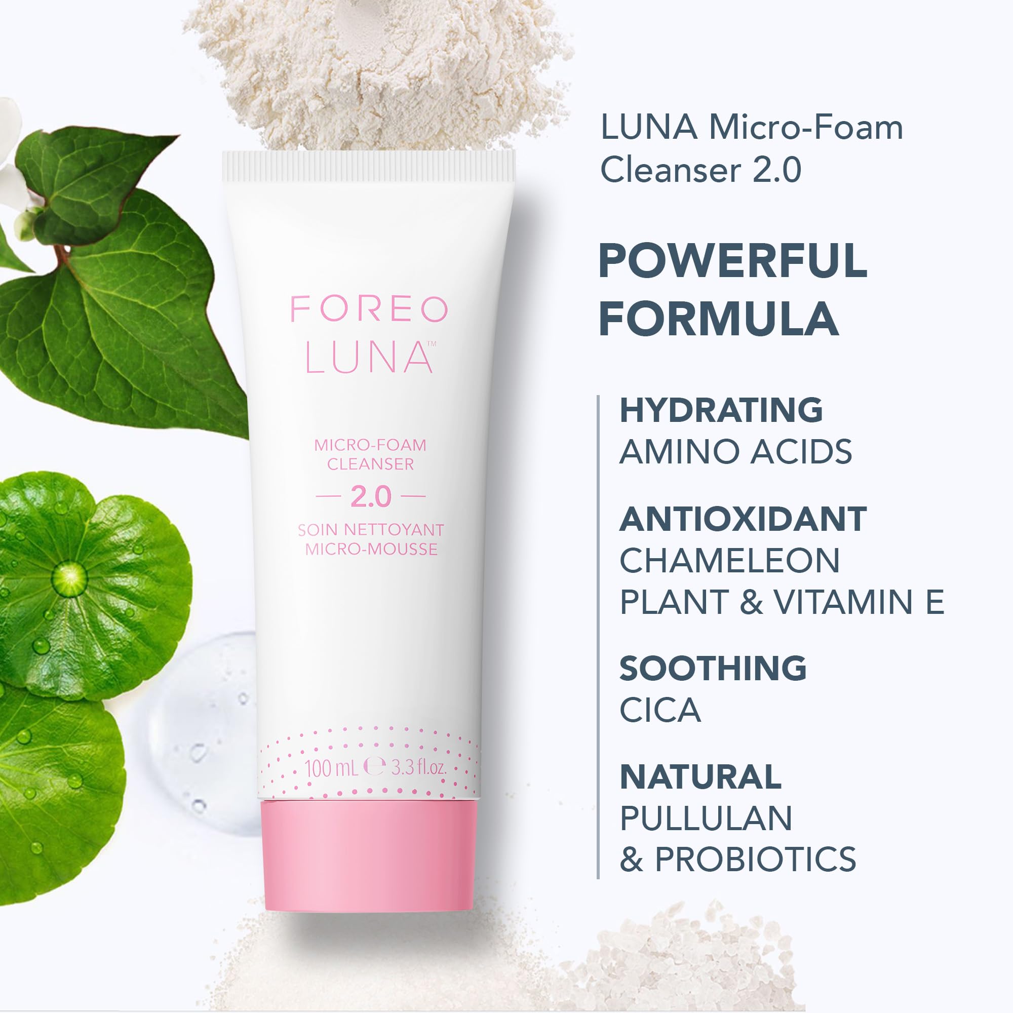 FOREO Micro-Foam Cleanser 2.0 bottle closeup highlights hydrating foaming formula.