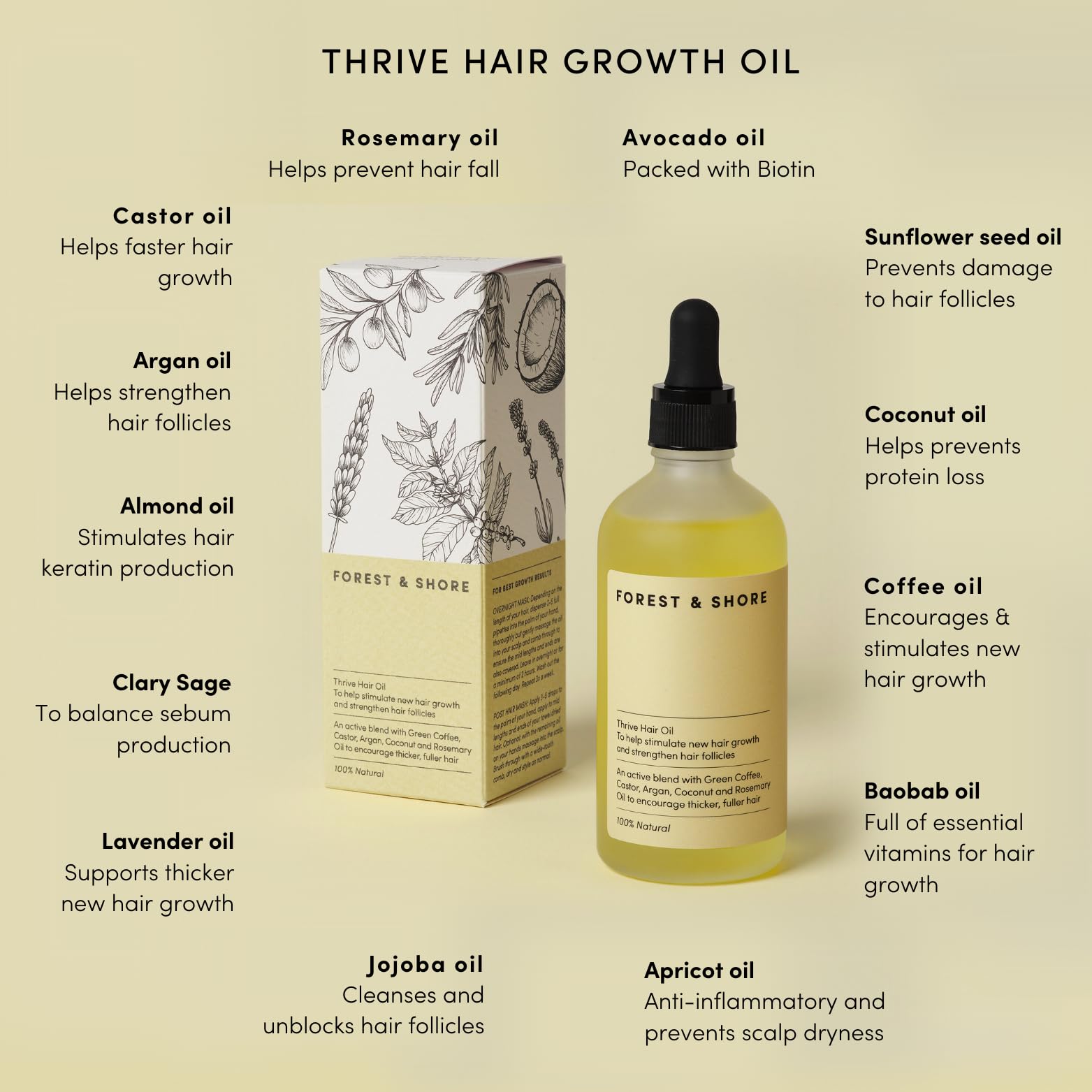 Forest & Shore Hair Growth Oil packaging emphasizing 100% natural formula