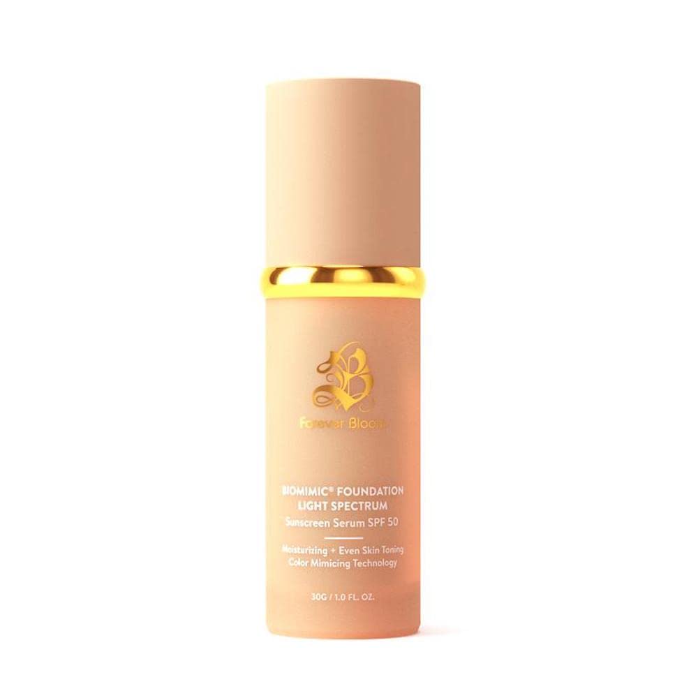 Forever Bloom Bio Mimic Foundation SPF50 bottle demonstrates hydrating coverage for even skin tone.