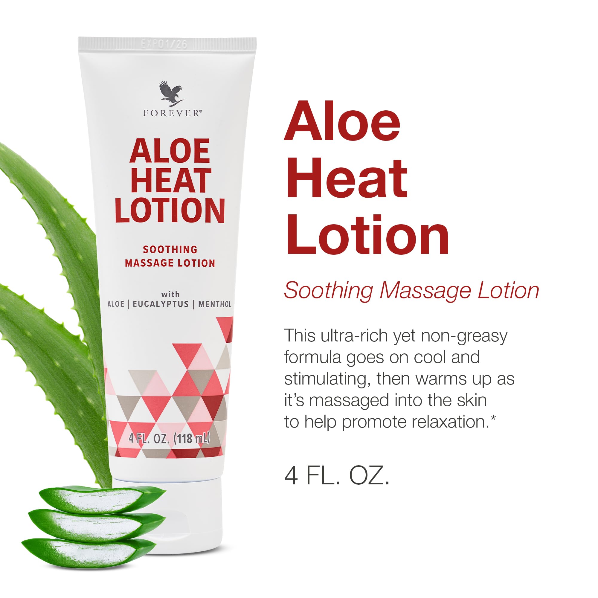 Forever Living Aloe Heat Lotion application scene emphasizing menthol relief