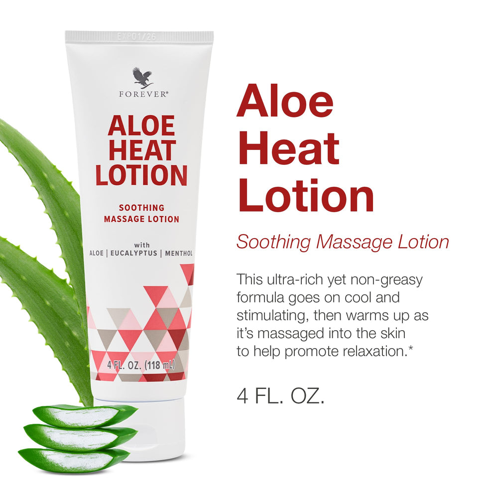 Forever Living Aloe Heat Lotion application scene emphasizing menthol relief