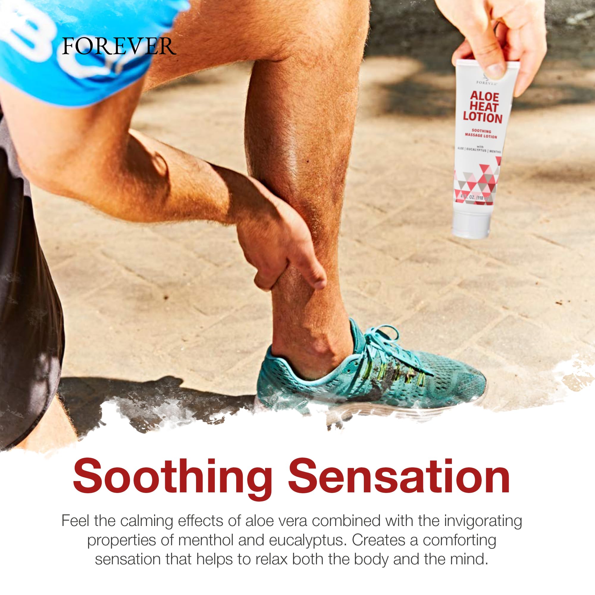 Forever Living Aloe Heat Lotion product shot suggests post-workout relaxation after use