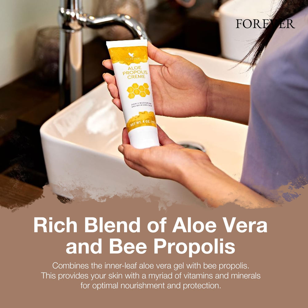 Forever Living Aloe Propolis Creme in daily routine setup for morning and night care.