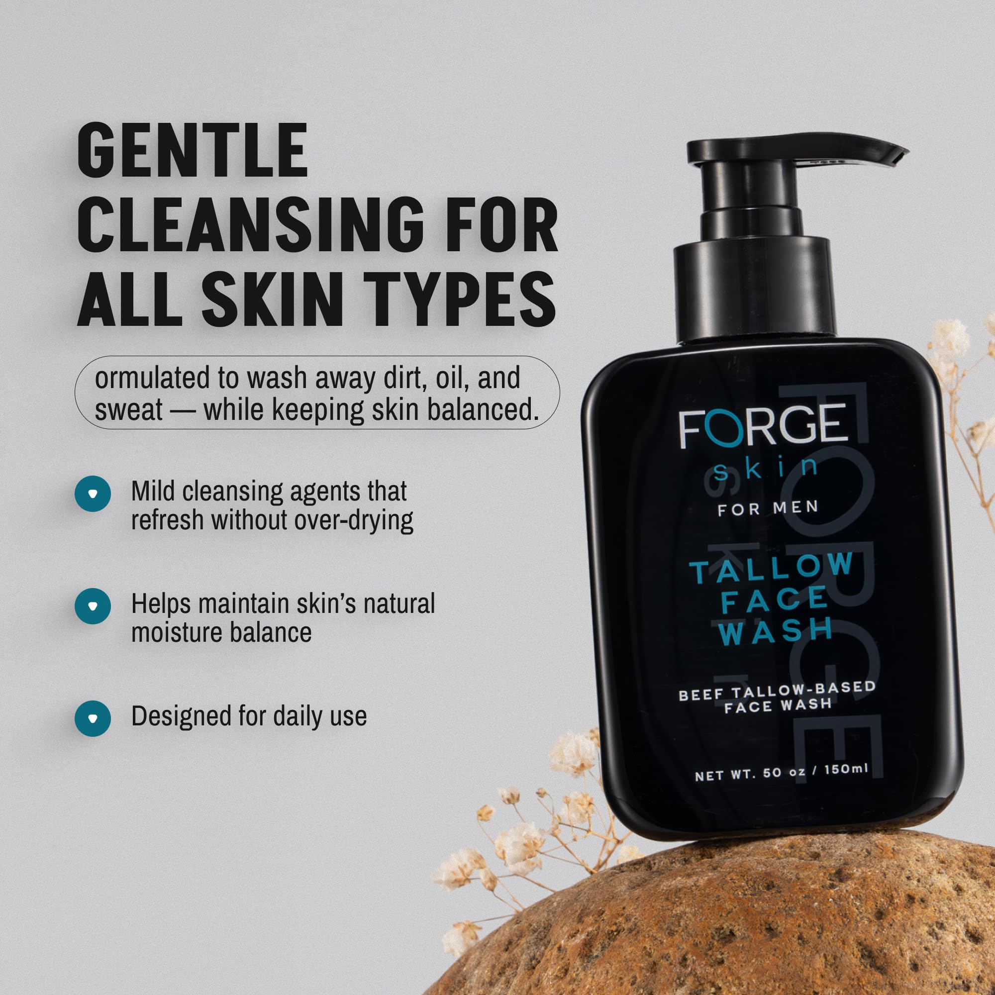 Forge Skin Beef Tallow Face Wash ingredients list highlighting aloe vera and glycerin.