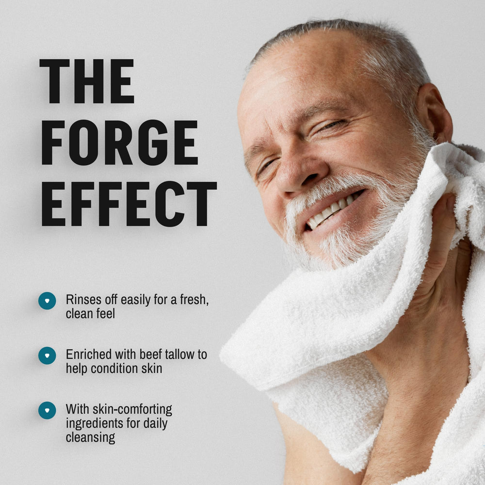 Forge Skin Beef Tallow Face Wash packaging emphasizing travel-friendly 5 oz bottle.
