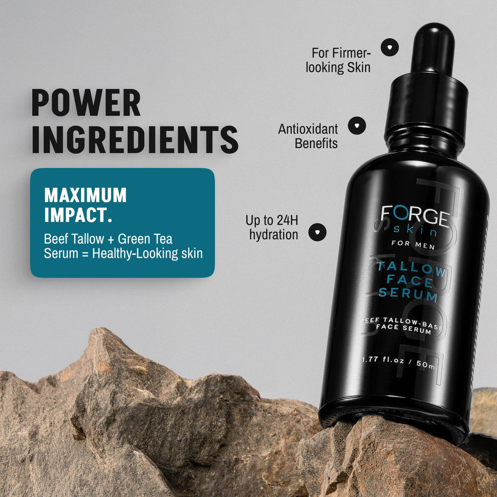 Forge Skin Green Tea Serum bottle closeup highlights antioxidant support and a cooling botanical scent.