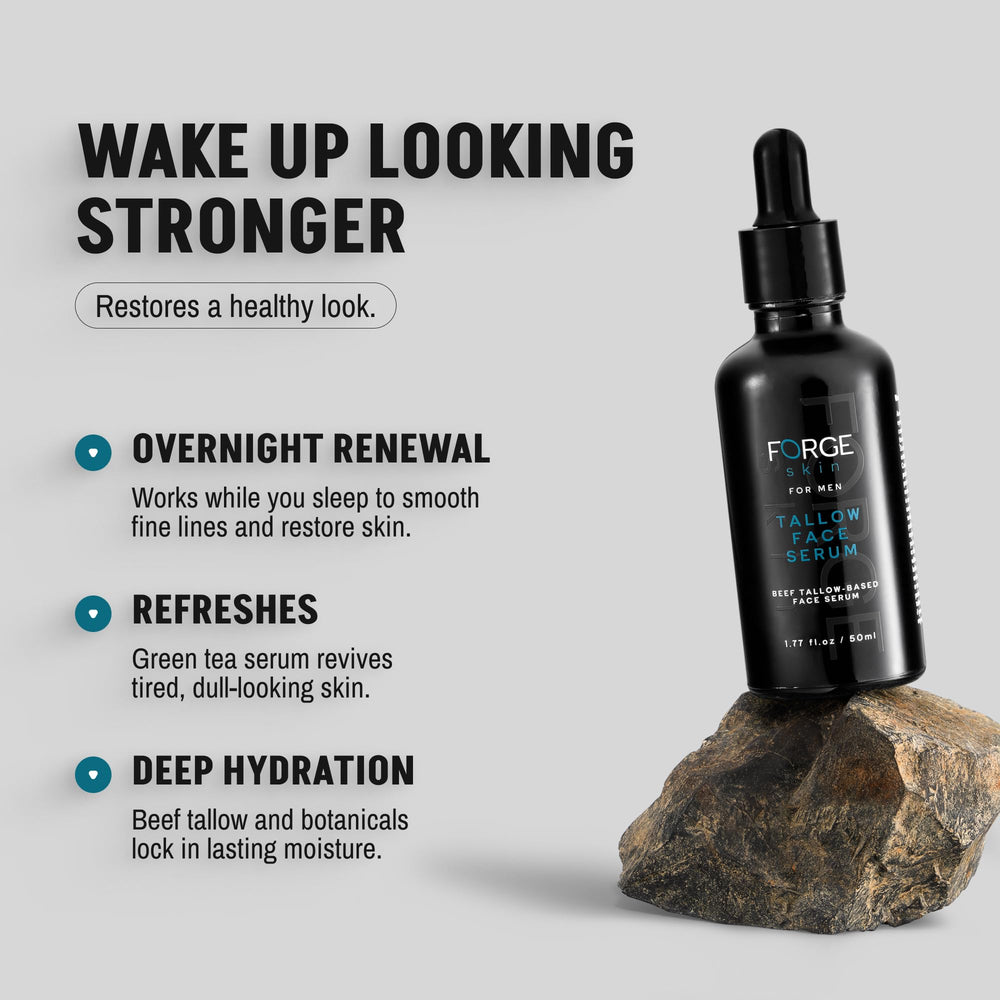 Forge Skin Night Beef Tallow Serum bottle dispense enables easy nightly application for refreshed skin.