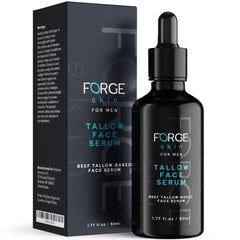 Forge Skin Night Beef Tallow Serum bottle pour supports smooth, hydrated skin overnight.