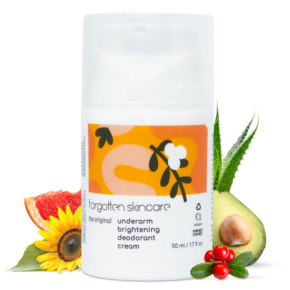 Forgotten Skincare Original underarm brightening cream bottle highlights vitamin C-powered brightening potential.