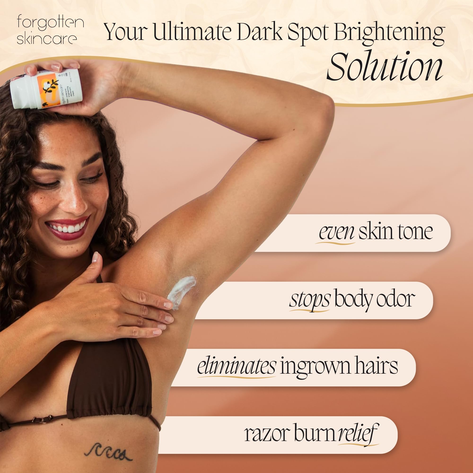 Forgotten Skincare Underarm brightening cream application swatch shows smooth texture for daily use.