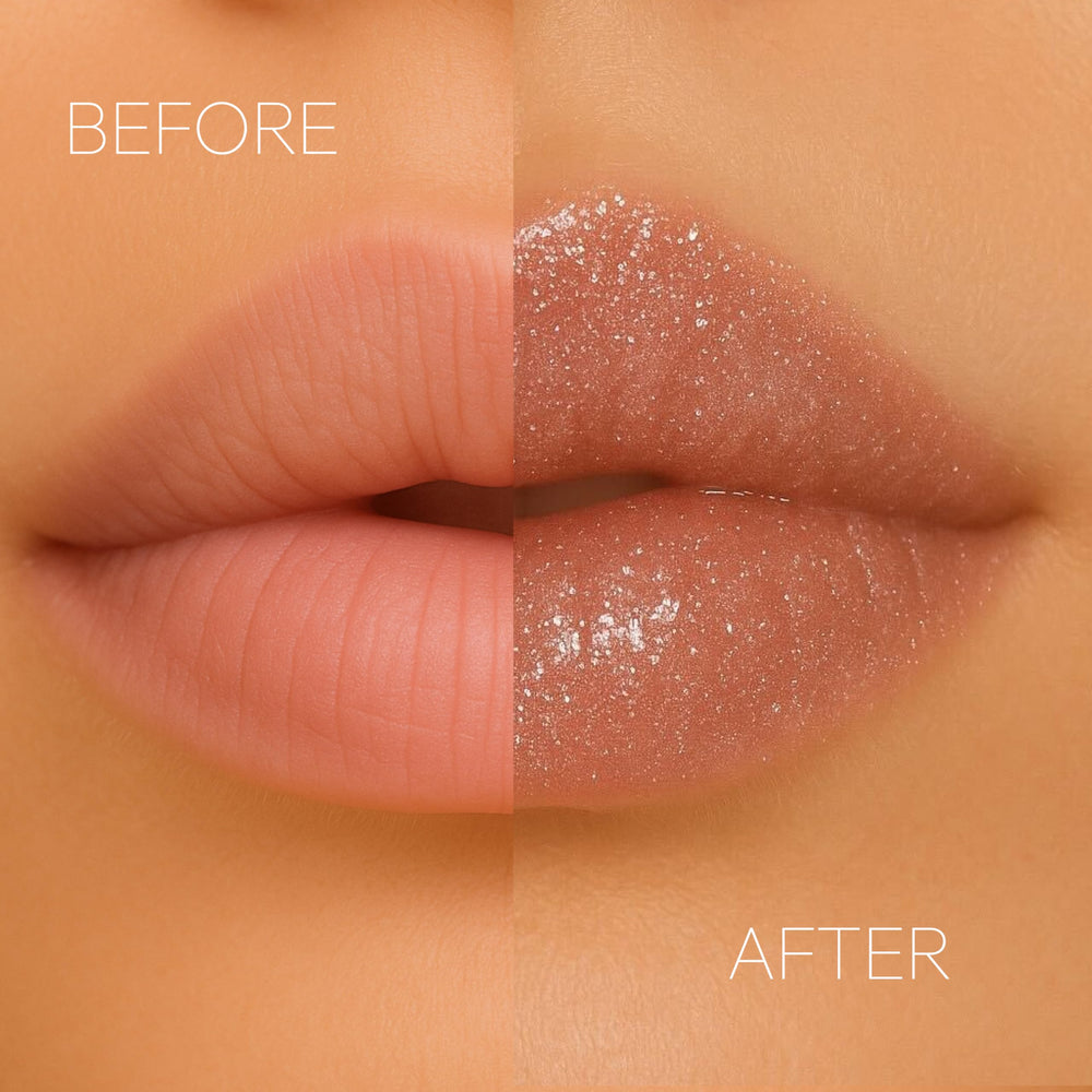 Formless Beauty Divine Lip Gloss with aloe and jojoba emphasizes hydration on lips.