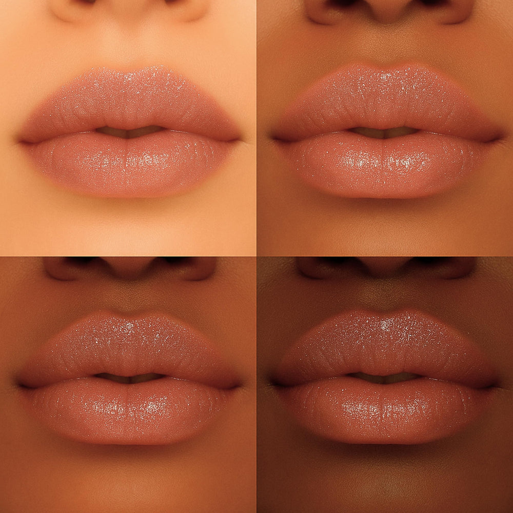 Formless Beauty Divine Lip Gloss application close-up reveals buttery, non-sticky shine.