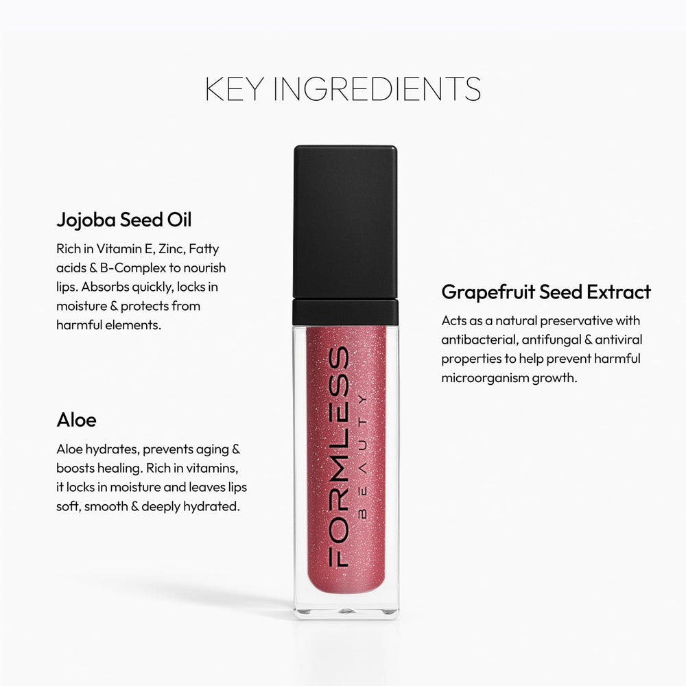 Formless Beauty Divine Lip Gloss glitter detail under light reveals reflective sparkle.