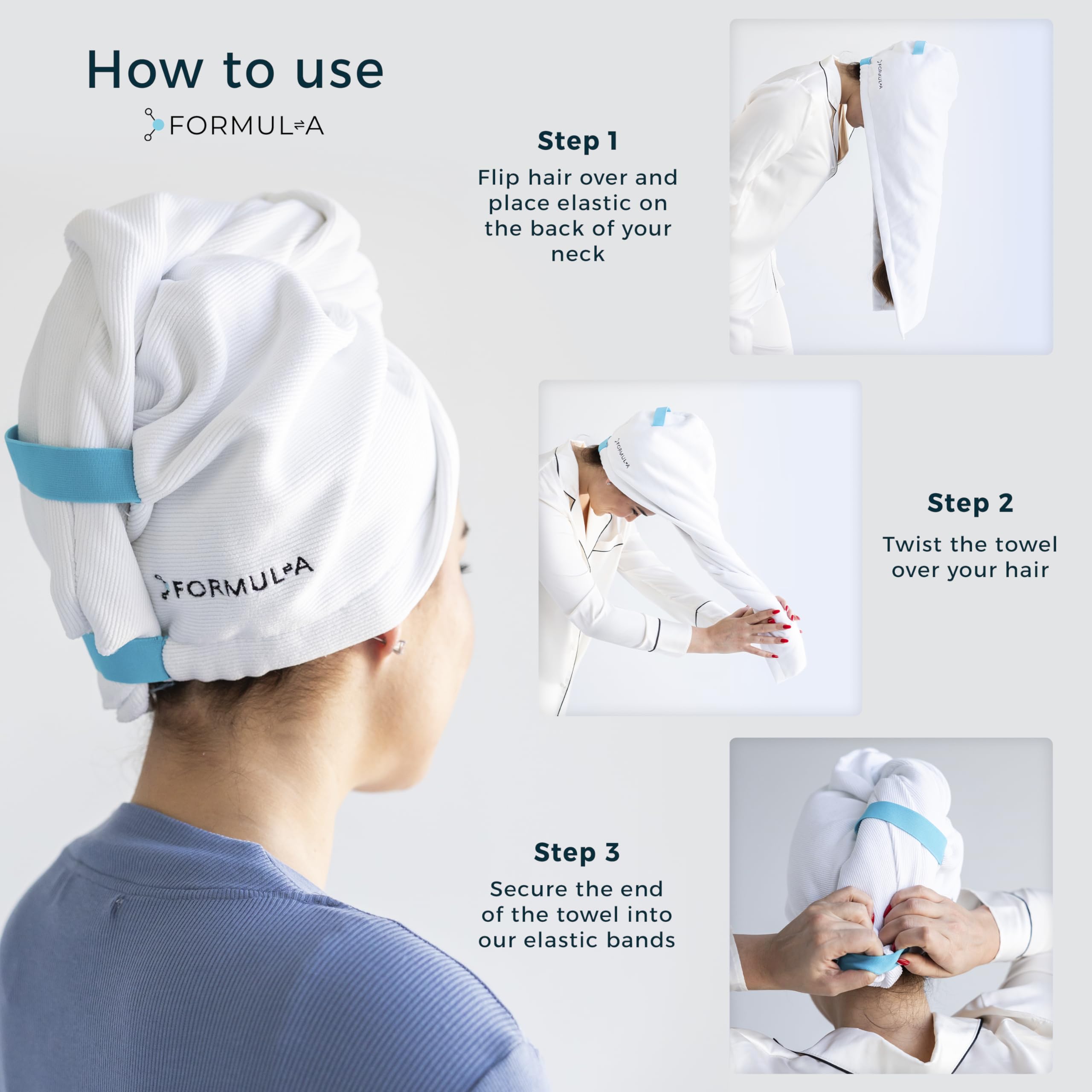 FORMUL-A microfiber hair towel wrap highlights anti-frizz benefits and gentle drying.