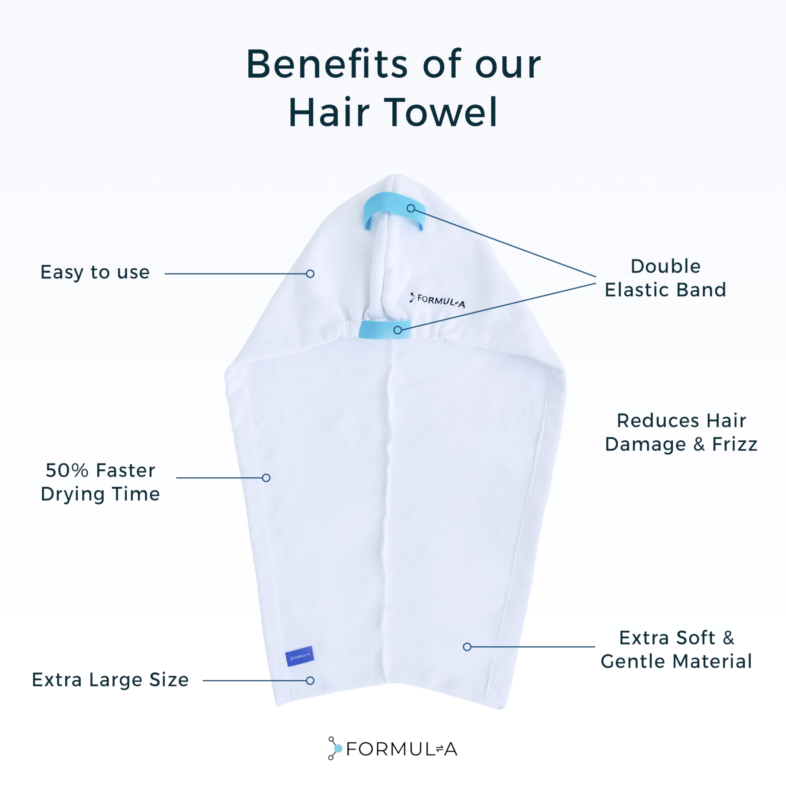 FORMUL-A microfiber hair towel wrap emphasizes durable microfiber and reduced friction for gentler drying.