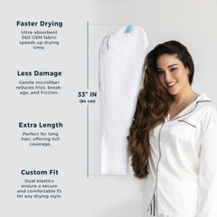 FORMUL-A microfiber hair towel wrap shows two elastics for adjustable, secure fit.