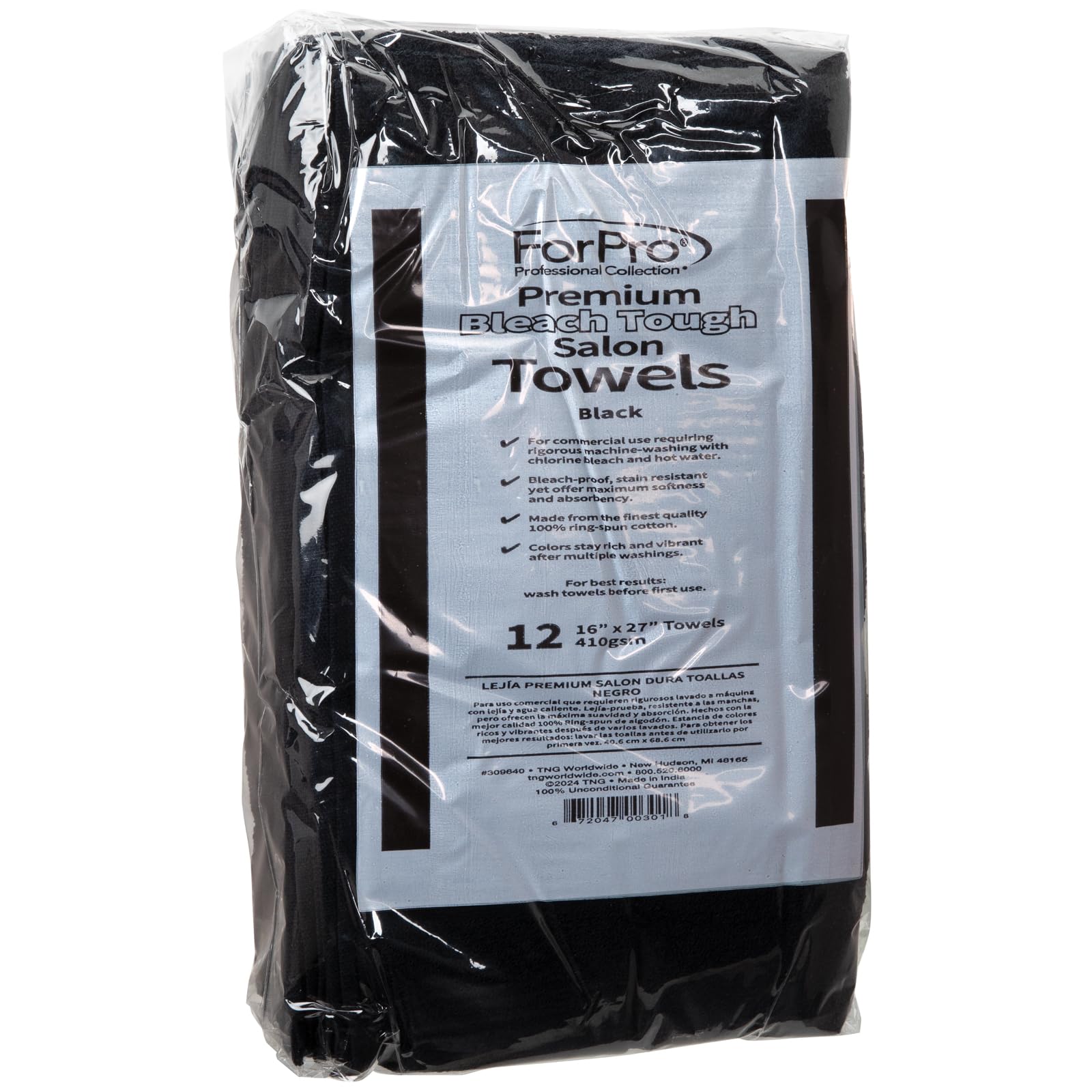 ForPro Premium Bleach Tough Towels Black with hemmed edges show long-lasting durability under heavy washing.