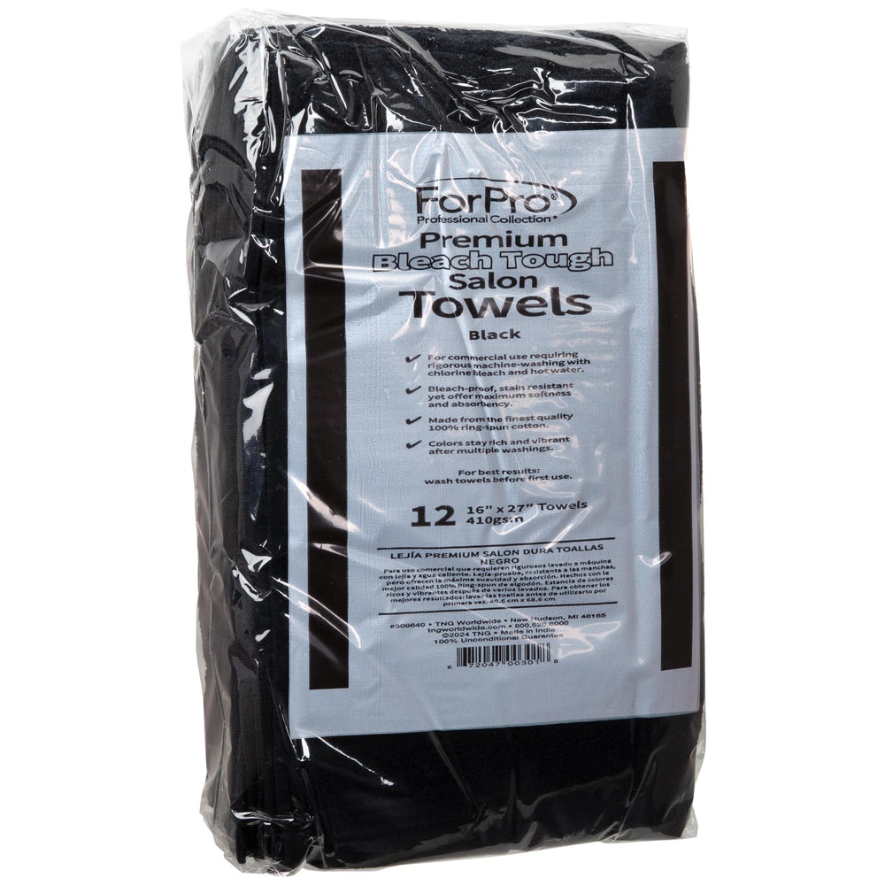 ForPro Premium Bleach Tough Towels Black with hemmed edges show long-lasting durability under heavy washing.